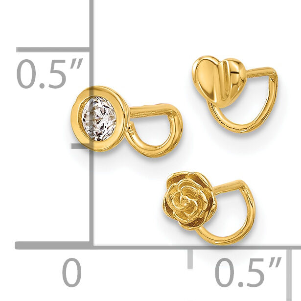 14K 22 Gauge Polished CZ, Flower and Heart Nose Ring Set-BD238