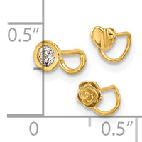 14K 22 Gauge Polished CZ, Flower and Heart Nose Ring Set-BD238