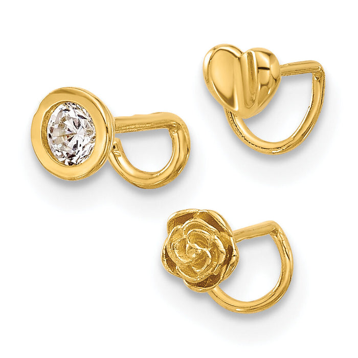 14K 22 Gauge Polished CZ, Flower and Heart Nose Ring Set-BD238