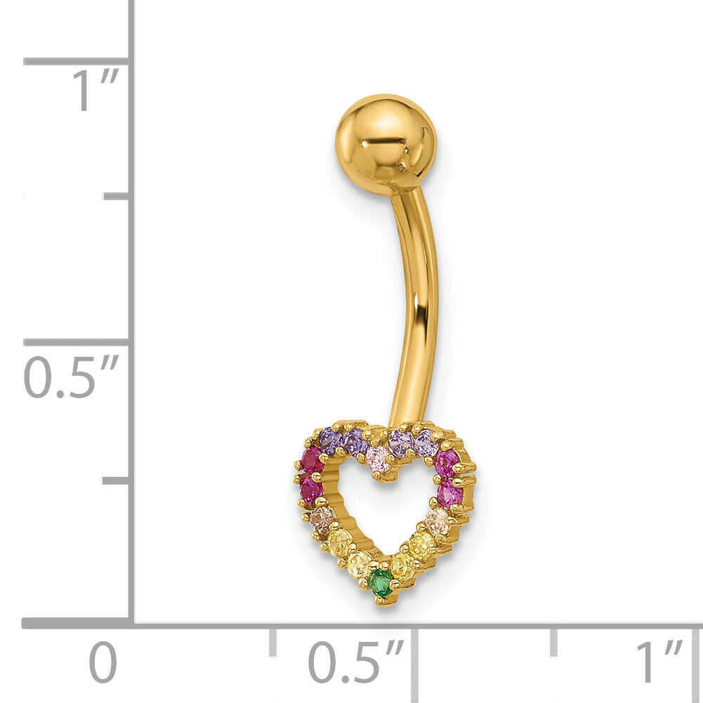 14k 14 Gauge Polished Rainbow CZ Heart Belly / Navel Ring-BD286