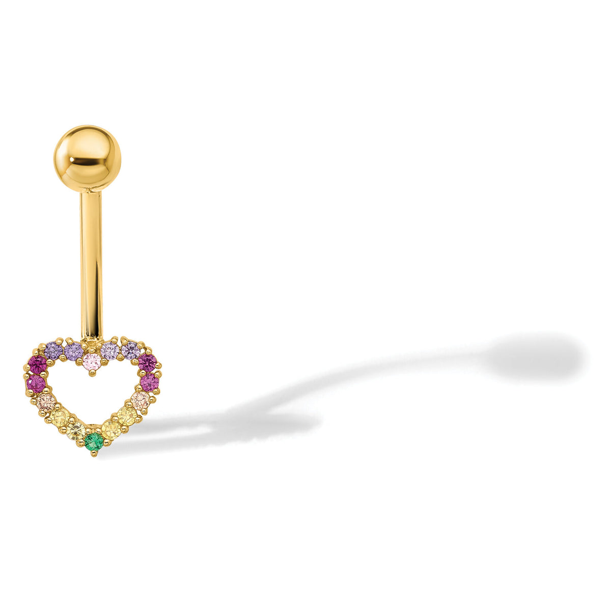 14k 14 Gauge Polished Rainbow CZ Heart Belly / Navel Ring-BD286