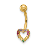 14k 14 Gauge Polished Rainbow CZ Heart Belly / Navel Ring-BD286