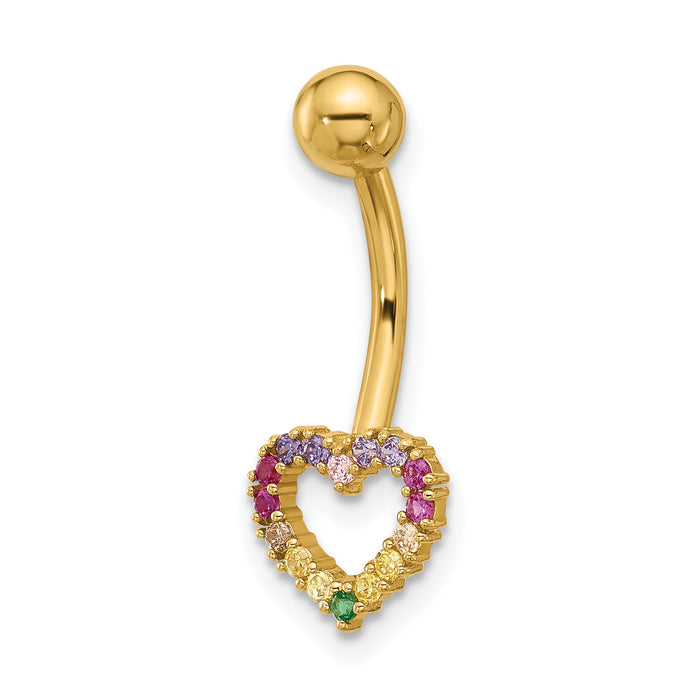 14k 14 Gauge Polished Rainbow CZ Heart Belly / Navel Ring-BD286