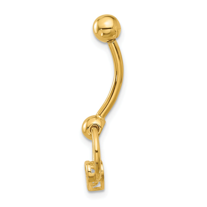 14K 14 Gauge Polished CZ Heart Dangle Navel/Belly Ring-BD287