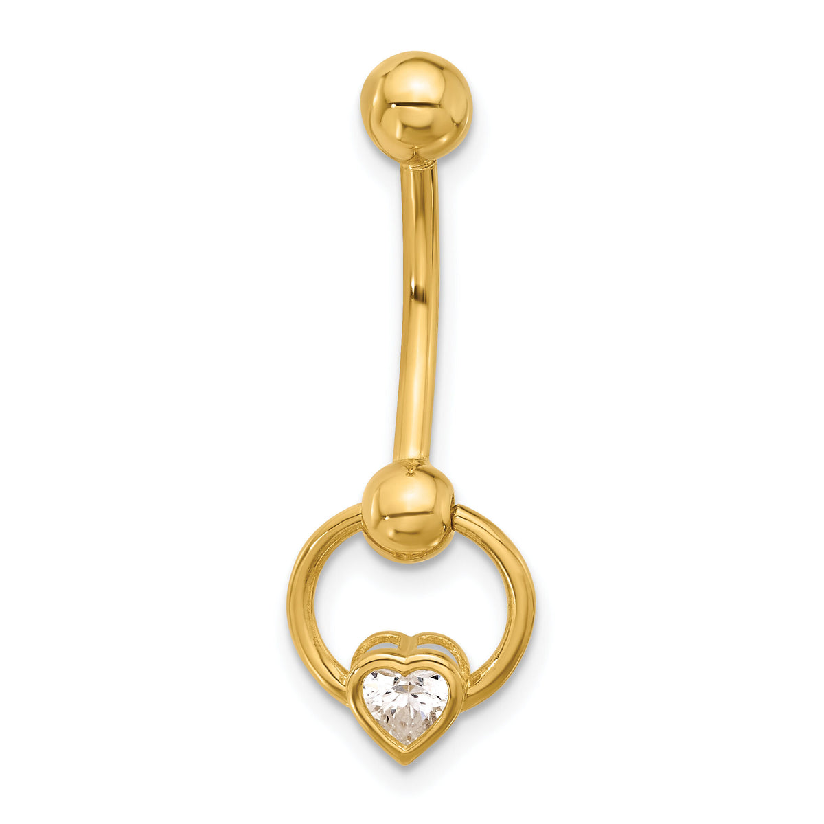 14K 14 Gauge Polished CZ Heart Dangle Navel/Belly Ring-BD287