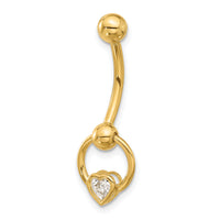 14K 14 Gauge Polished CZ Heart Dangle Navel/Belly Ring-BD287
