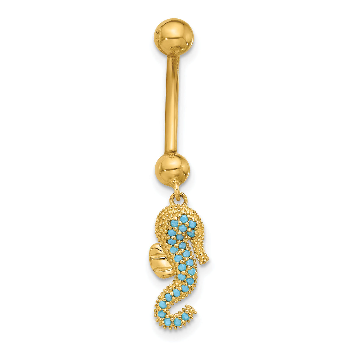 14K 14 Gauge Polished Blue CZ Seahorse Dangle Navel/Belly Ring-BD288