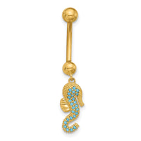14K 14 Gauge Polished Blue CZ Seahorse Dangle Navel/Belly Ring-BD288