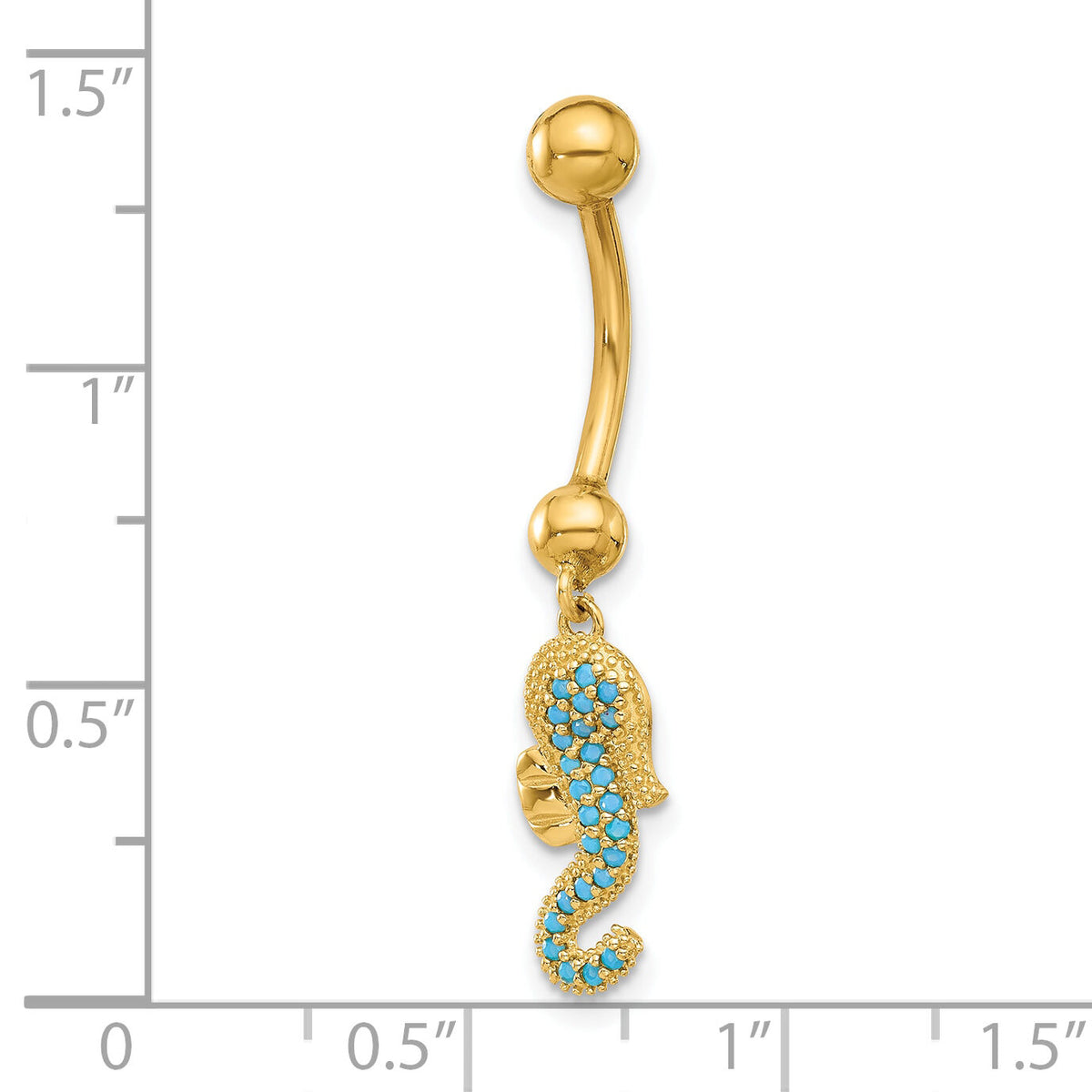 14K 14 Gauge Polished Blue CZ Seahorse Dangle Navel/Belly Ring-BD288