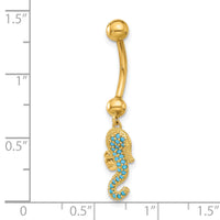 14K 14 Gauge Polished Blue CZ Seahorse Dangle Navel/Belly Ring-BD288