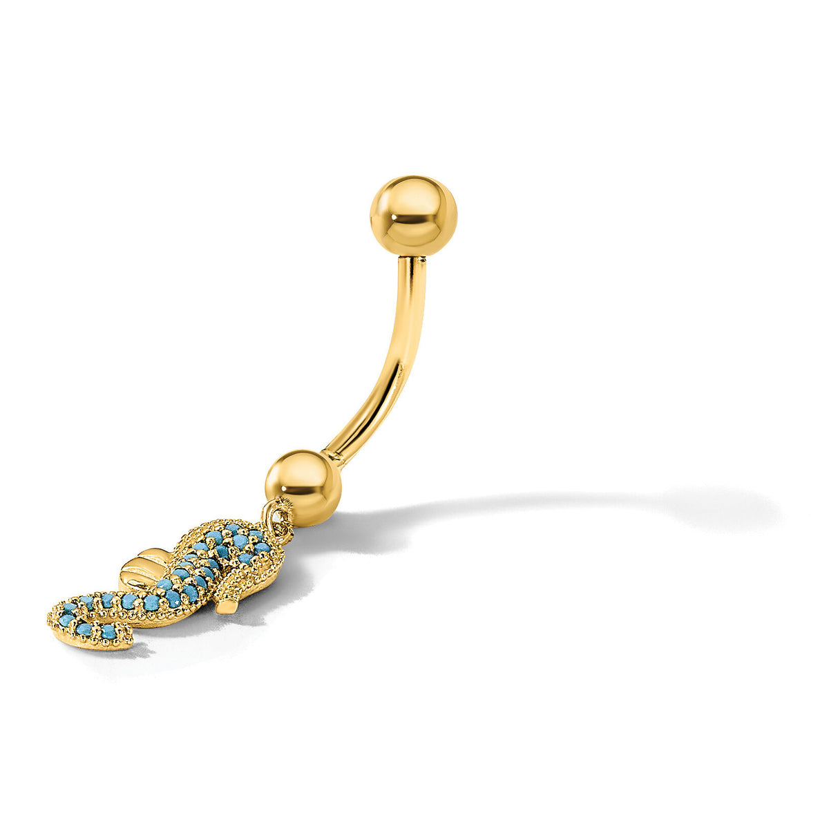 14K 14 Gauge Polished Blue CZ Seahorse Dangle Navel/Belly Ring-BD288