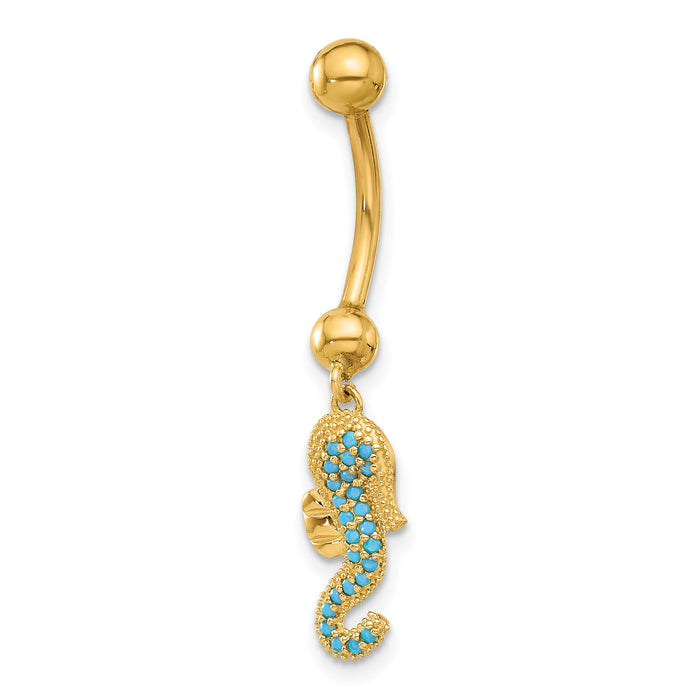 14K 14 Gauge Polished Blue CZ Seahorse Dangle Navel/Belly Ring-BD288