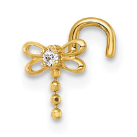 14k Polished 18 Gauge Moveable CZ Dragonfly Nose Stud-BD291