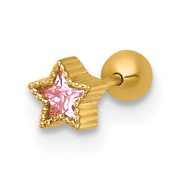 14k 22 Gauge Polished and Beaded Pink CZ Star Labret Stud-BD313