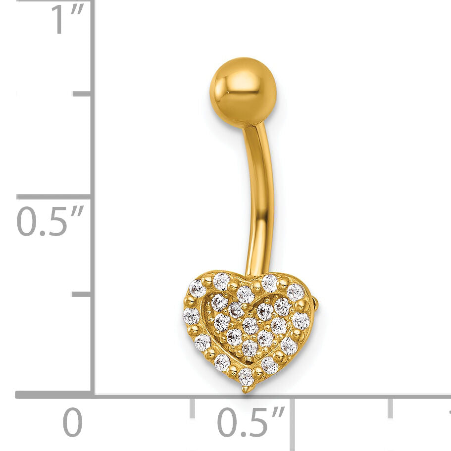 14k 14 Gauge Polished Pave CZ Heart Navel Ring-BD327
