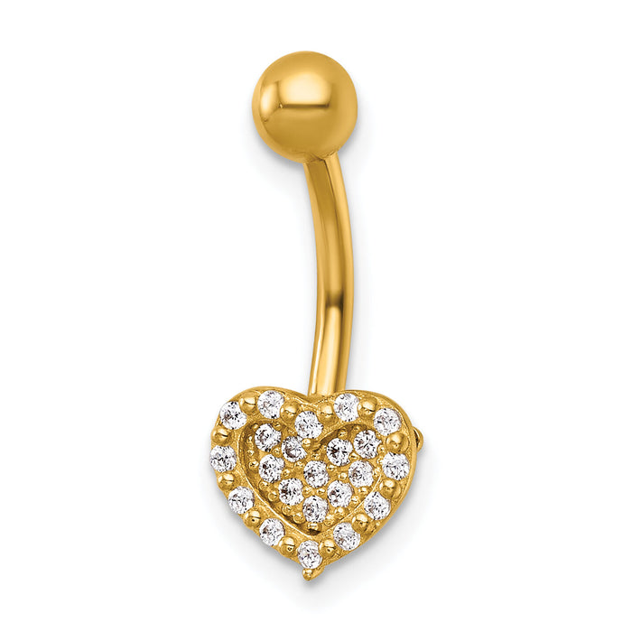 14k 14 Gauge Polished Pave CZ Heart Navel Ring-BD327