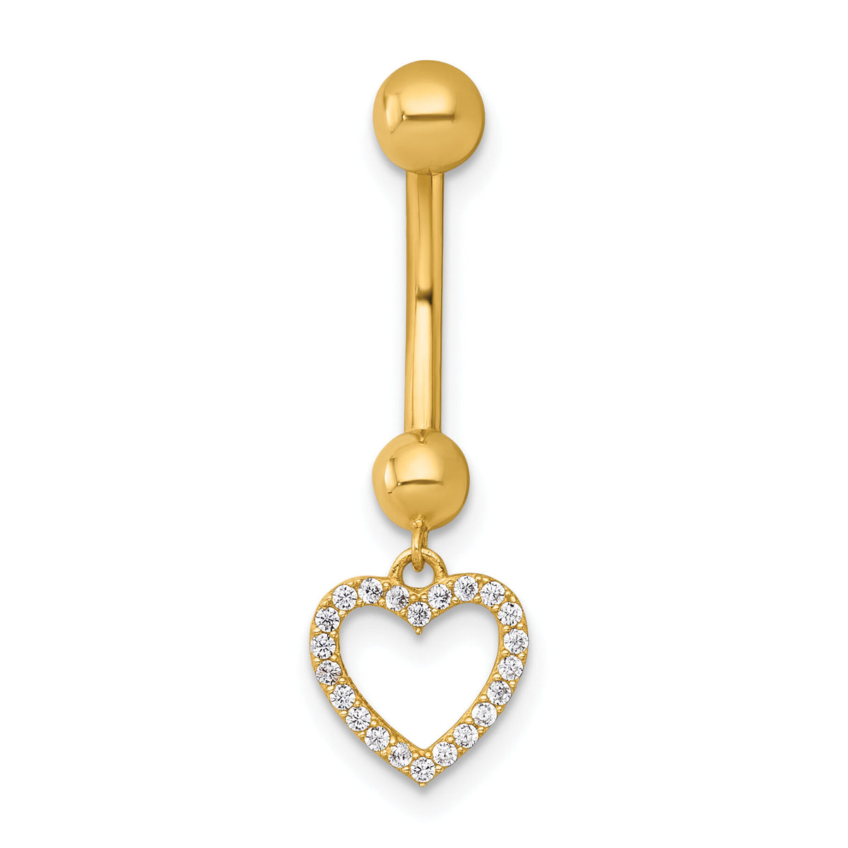 14k 14 Gauge Polished CZ Dangling Open Heart Navel Ring-BD329