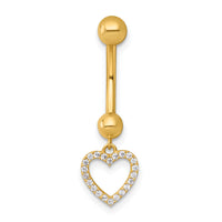 14k 14 Gauge Polished CZ Dangling Open Heart Navel Ring-BD329