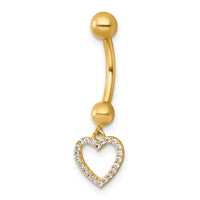 14k 14 Gauge Polished CZ Dangling Open Heart Navel Ring-BD329