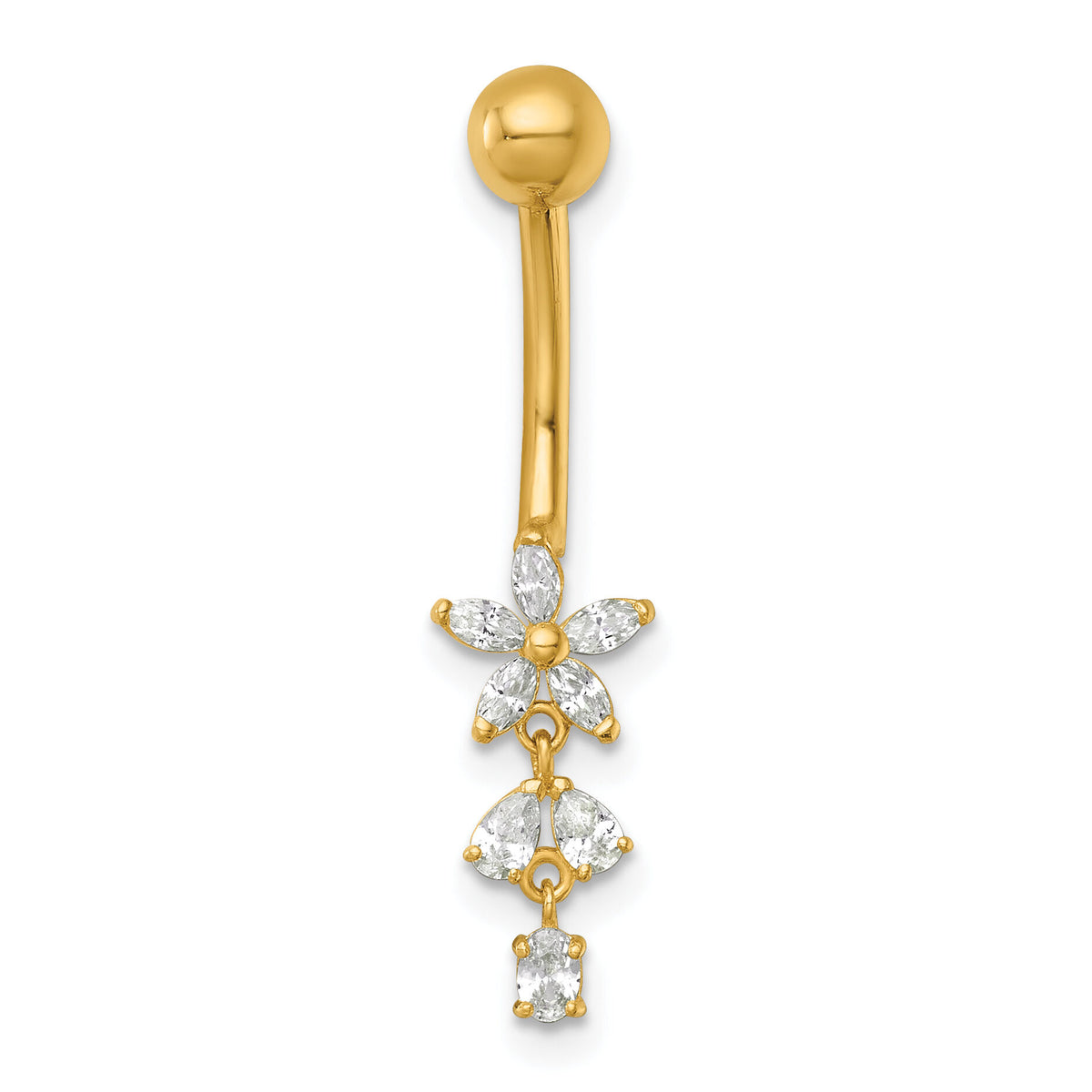 14k 14 Gauge Polished CZ Dangling Flower Navel Ring-BD330