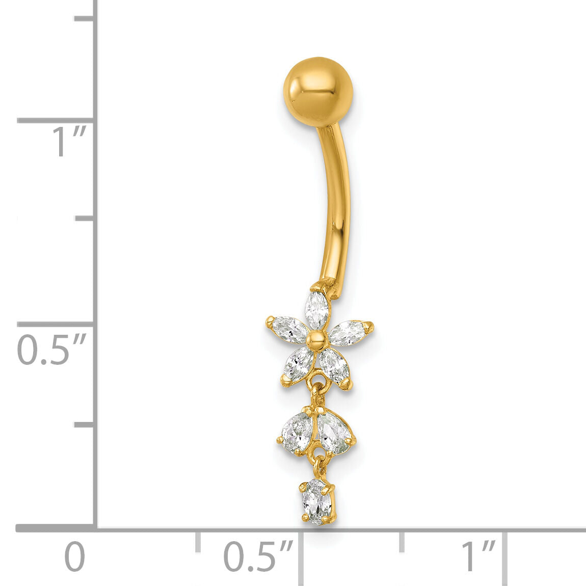 14k 14 Gauge Polished CZ Dangling Flower Navel Ring-BD330