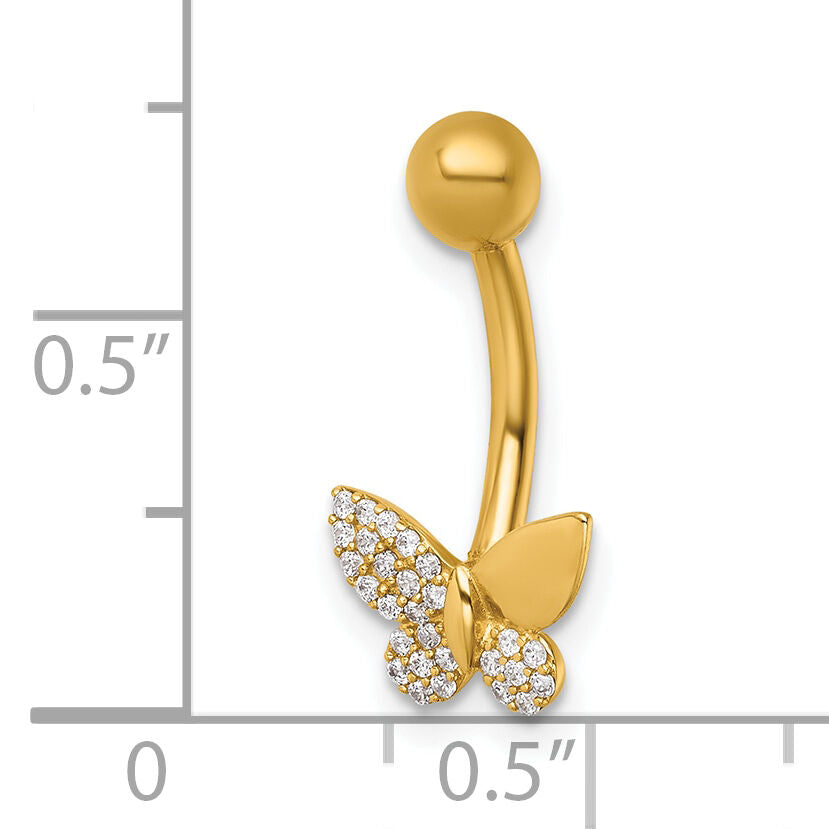 14k 14 Gauge Polished CZ Butterfly Navel Ring-BD332