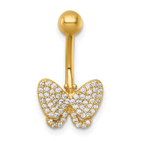14k 14 Gauge Polished Pave CZ Butterfly Navel Ring-BD333