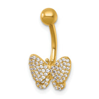 14k 14 Gauge Polished Pave CZ Butterfly Navel Ring-BD333