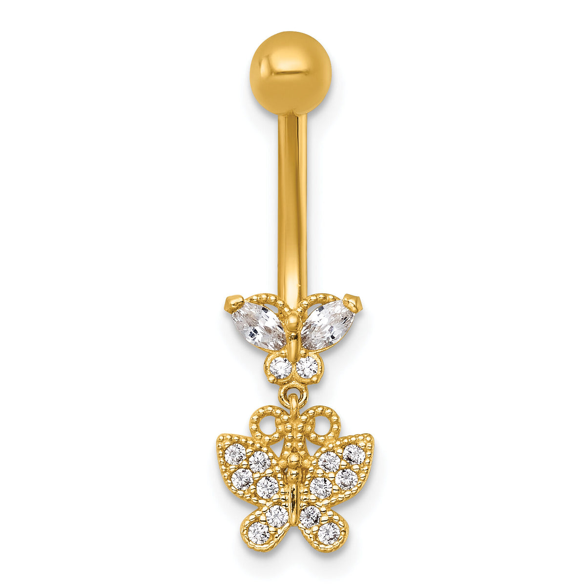 14k 14 Gauge Polished and Beaded CZ Dangling Butterfly Navel Ring-BD334