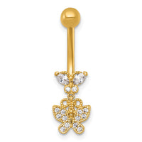14k 14 Gauge Polished and Beaded CZ Dangling Butterfly Navel Ring-BD334