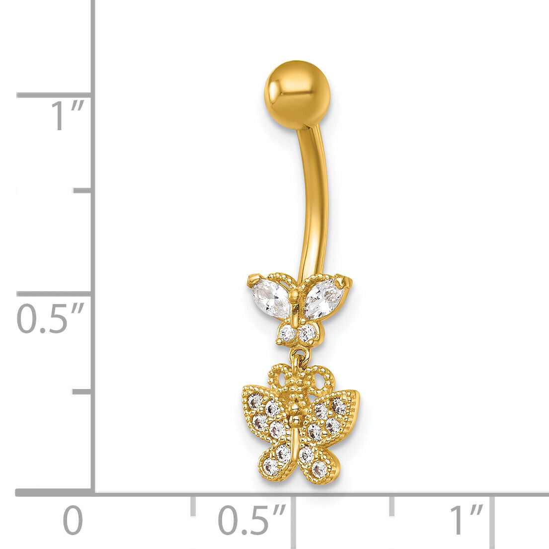 14k 14 Gauge Polished and Beaded CZ Dangling Butterfly Navel Ring-BD334