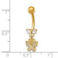 14k 14 Gauge Polished and Beaded CZ Dangling Butterfly Navel Ring-BD334