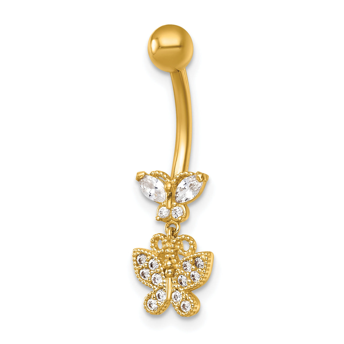 14k 14 Gauge Polished and Beaded CZ Dangling Butterfly Navel Ring-BD334