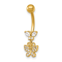 14k 14 Gauge Polished and Beaded CZ Dangling Butterfly Navel Ring-BD334