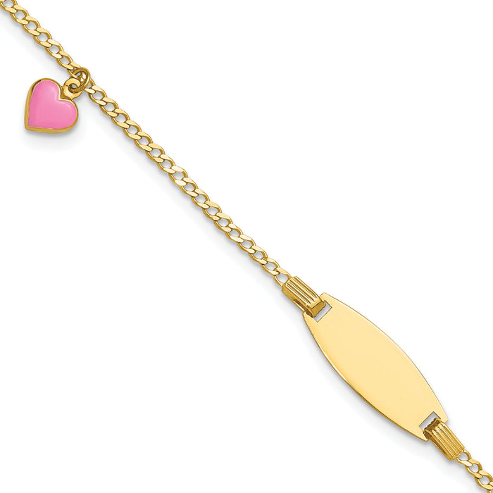 14k Polished Kids ID with Pink Enameled Puff Heart 5.5in Bracelet-BID125-5.5