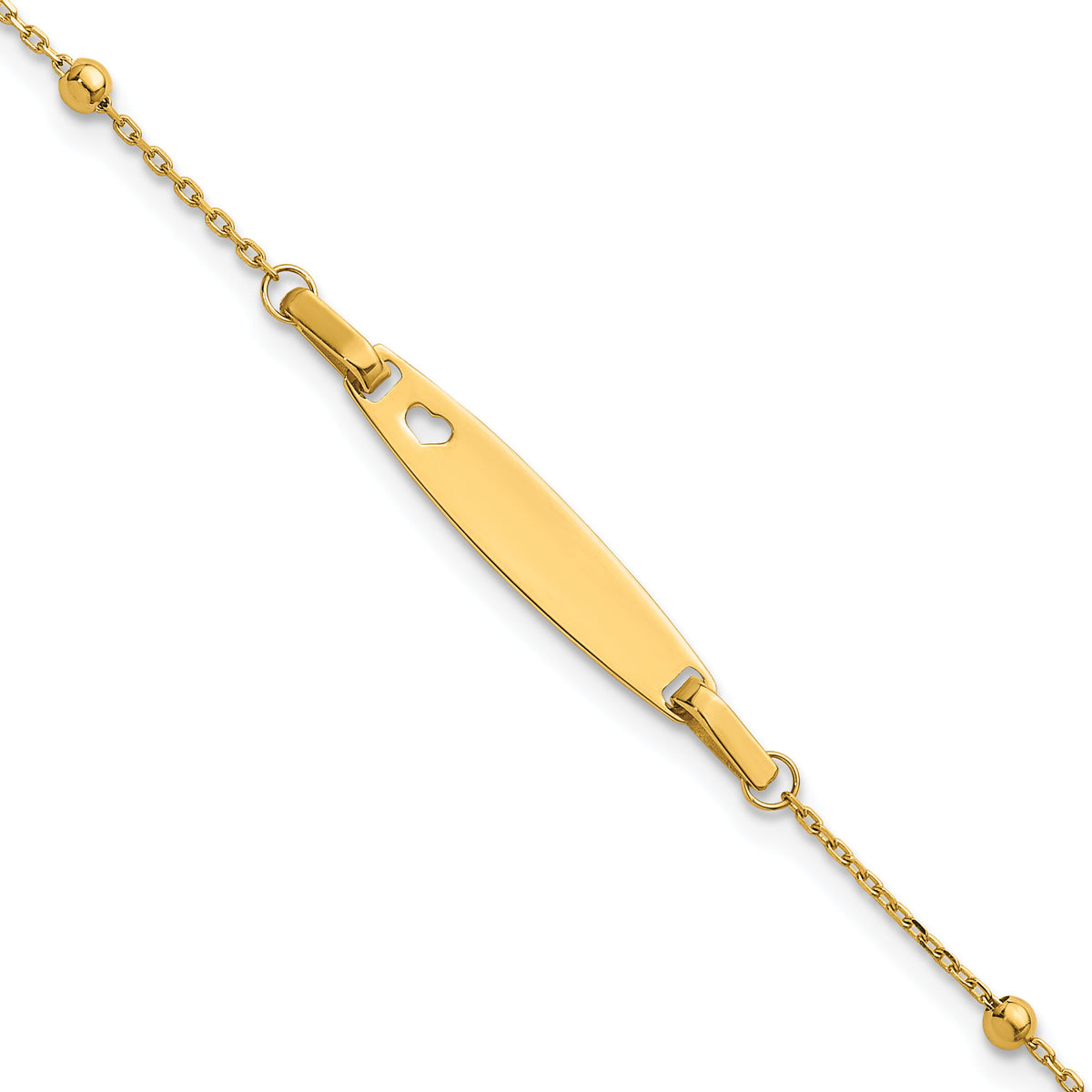 14K Children's Polished Beaded Heart ID 5in w/1in ext Bracelet-BID130-5