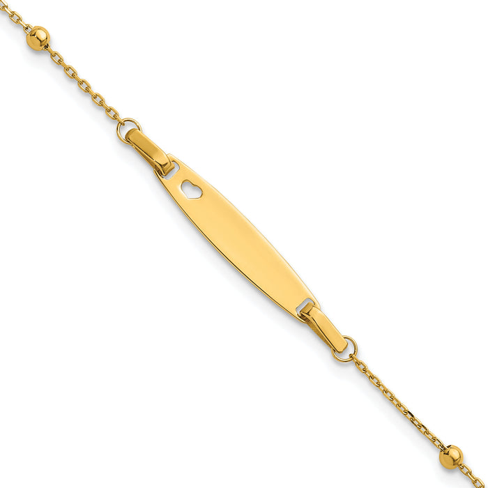 14K Children's Polished Beaded Heart ID 5in w/1in ext Bracelet-BID130-5