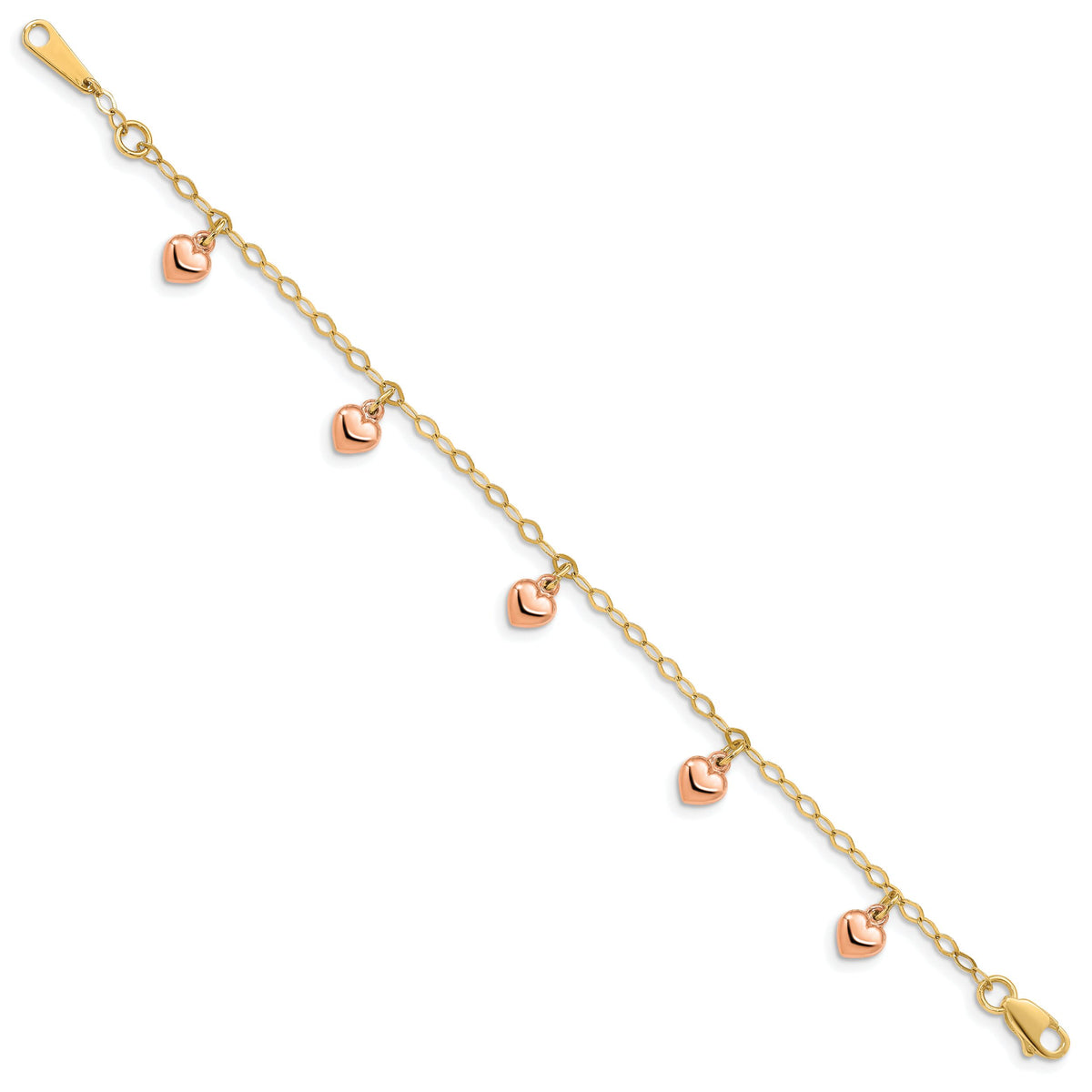 14K Yellow Gold with Rose Gold Hearts Child's Puffed Heart Charm Bracelet-BID83TT-6