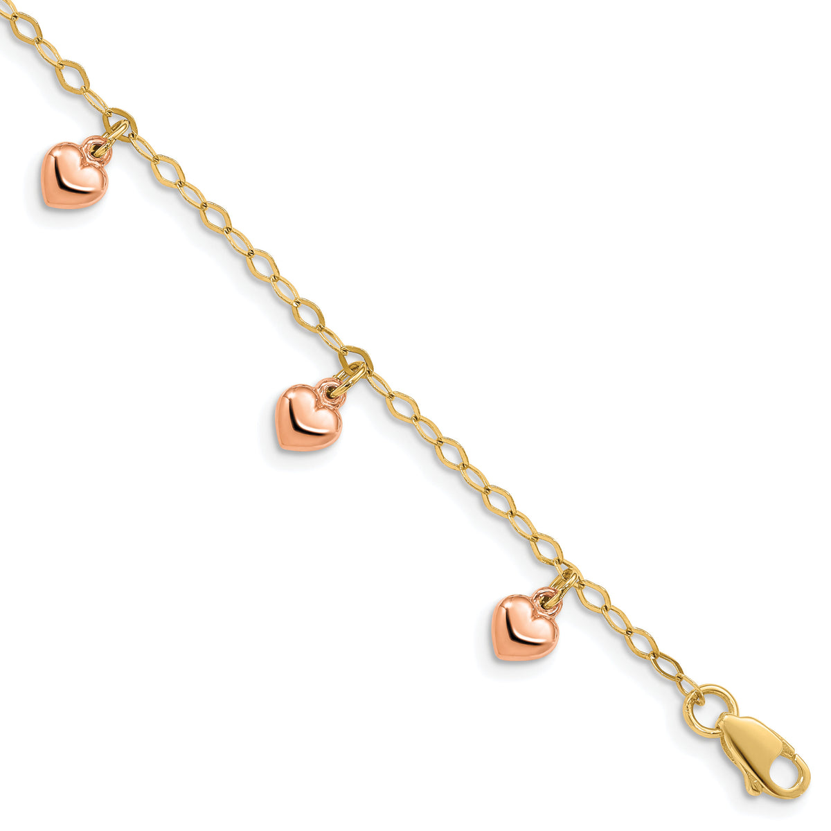 14K Yellow Gold with Rose Gold Hearts Child's Puffed Heart Charm Bracelet-BID83TT-6