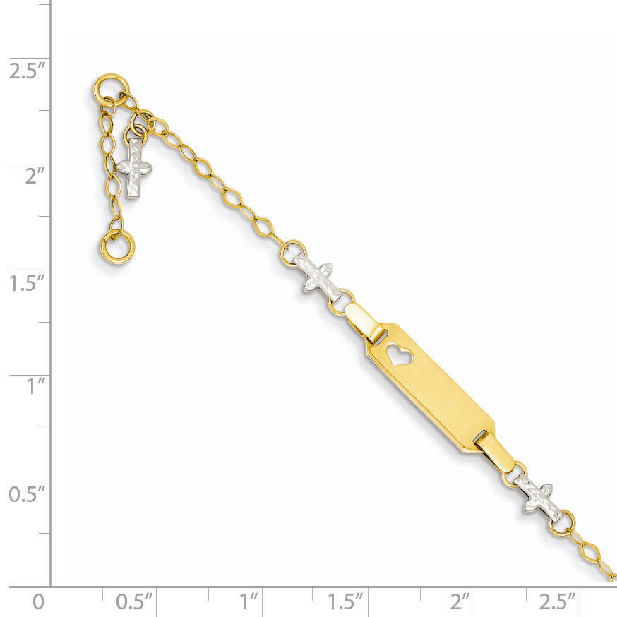14k Two-tone Baby Polished and Textured Cross w/1in ext. ID Bracelet-BID88-4.5