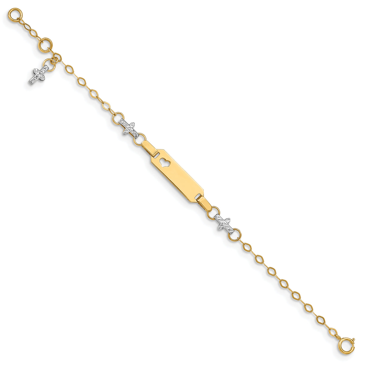 14K Two-tone Baby Polished and Textured Cross w/1in ext. ID Bracelet-BID88-6