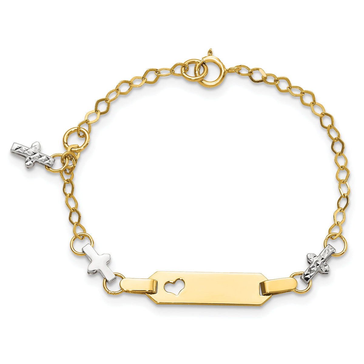 14k Two-tone Baby Polished and Textured Cross w/1in ext. ID Bracelet-BID88-4.5