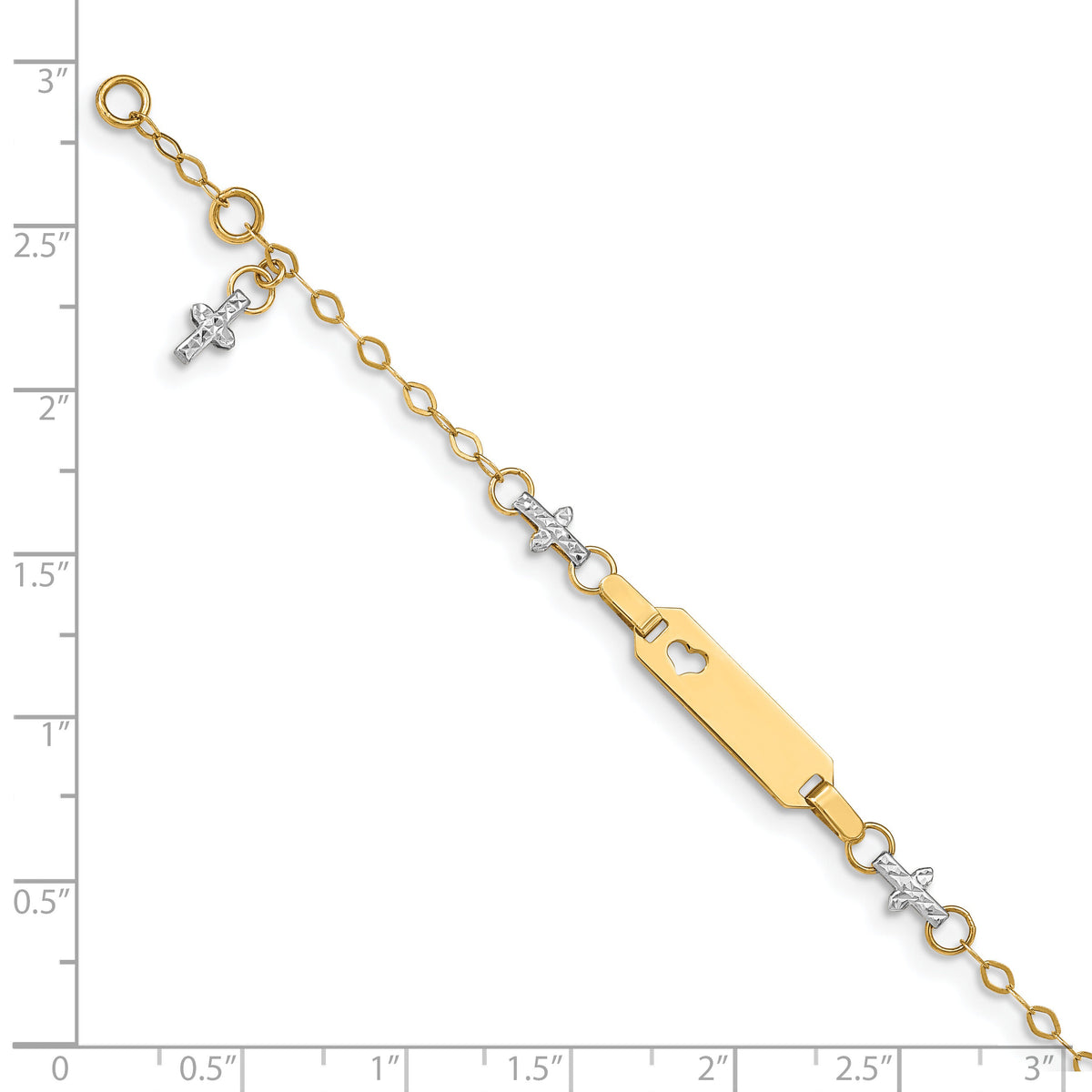 14k Two-tone Baby Polished and Textured Cross w/1in ext. ID Bracelet-BID88-4.5
