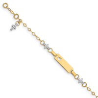 14k Two-tone Baby Polished and Textured Cross w/1in ext. ID Bracelet-BID88-4.5