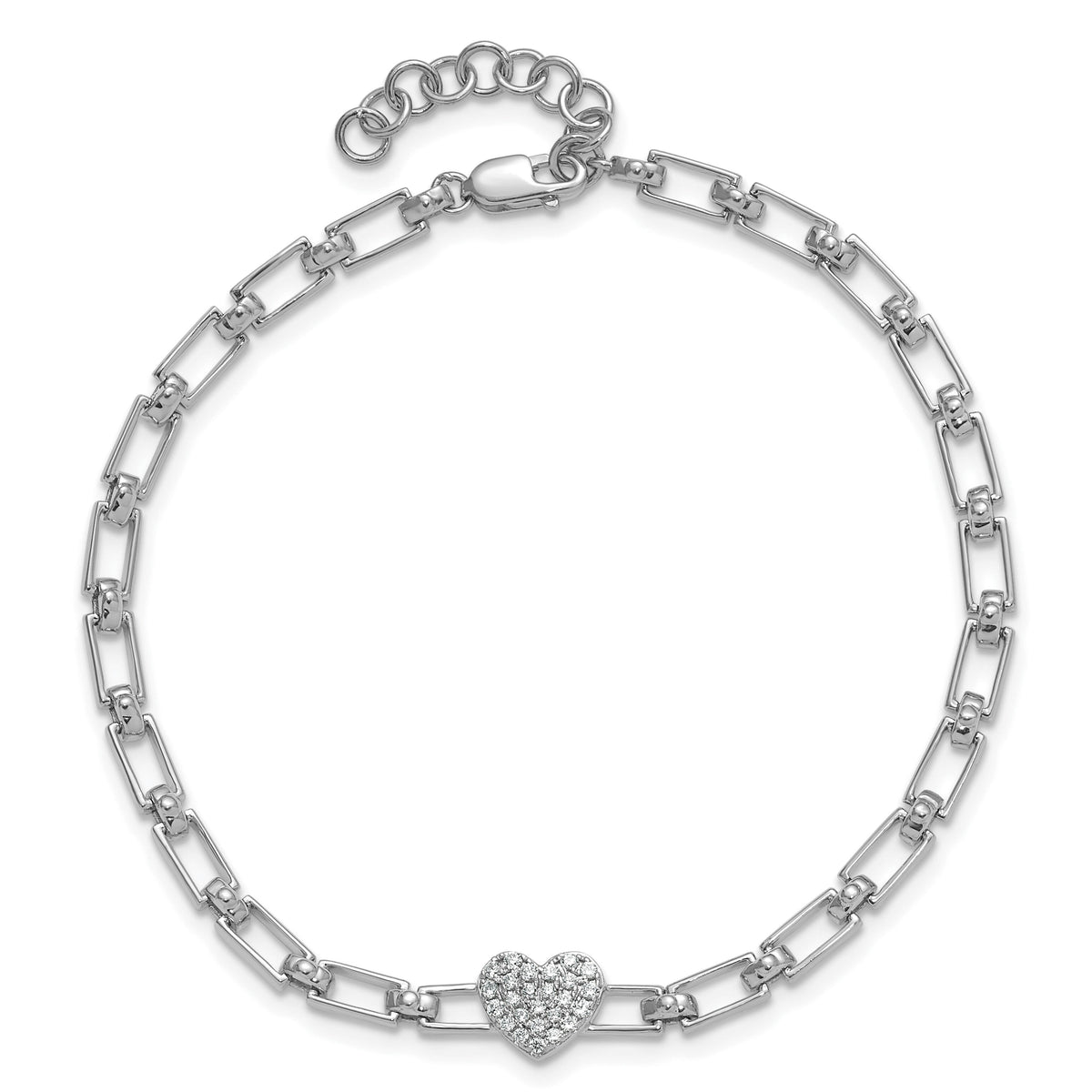 14K White Gold Polished Diamond Heart Cluster Fancy Link with 1in ext. Brac-BM10278-016-WAA