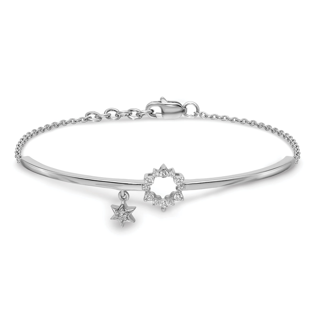 14k White Gold w/Star Dangle Diamond Bangle w/.5in ext Bracelet-BM3704-020-WA