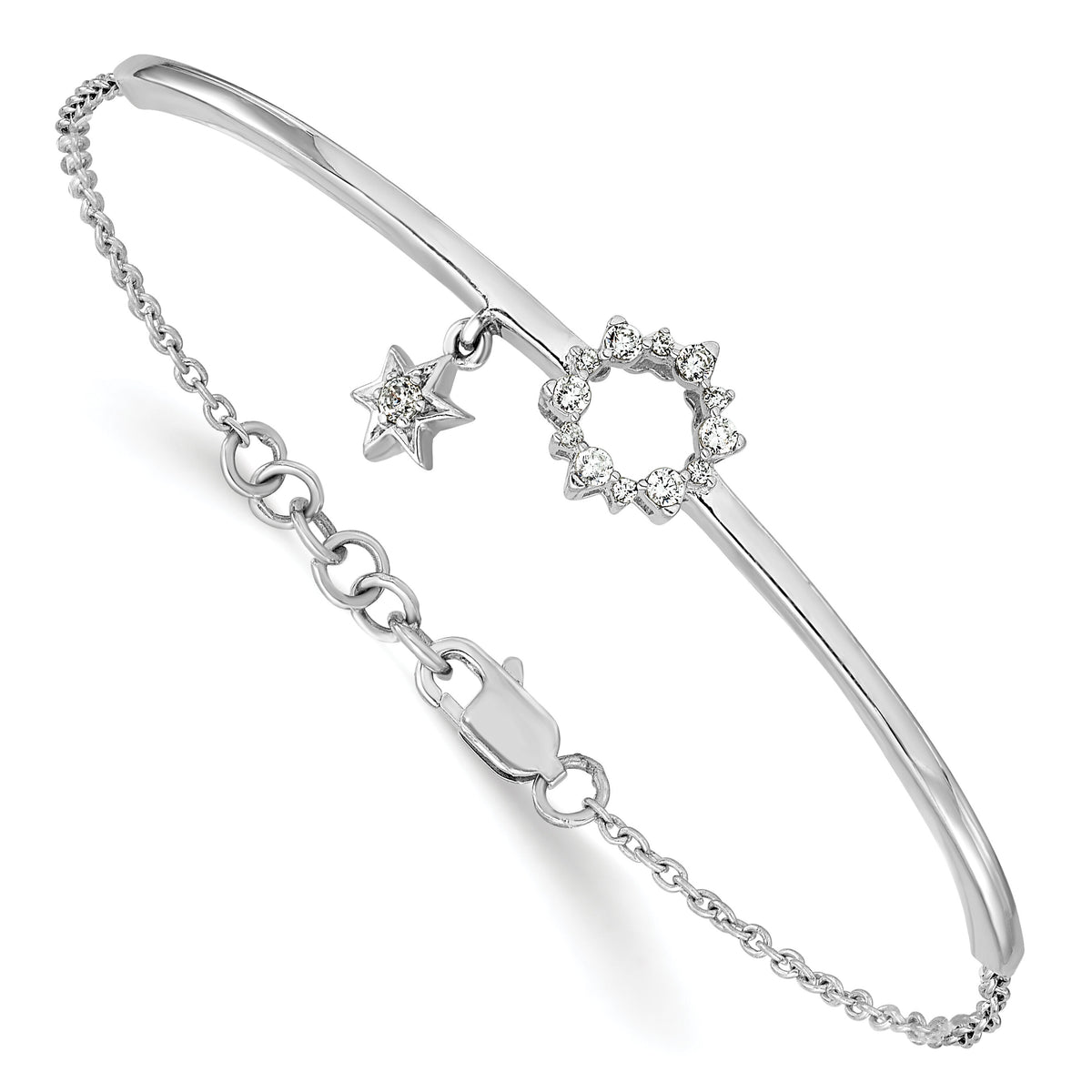 14k White Gold w/Star Dangle Diamond Bangle w/.5in ext Bracelet-BM3704-020-WA
