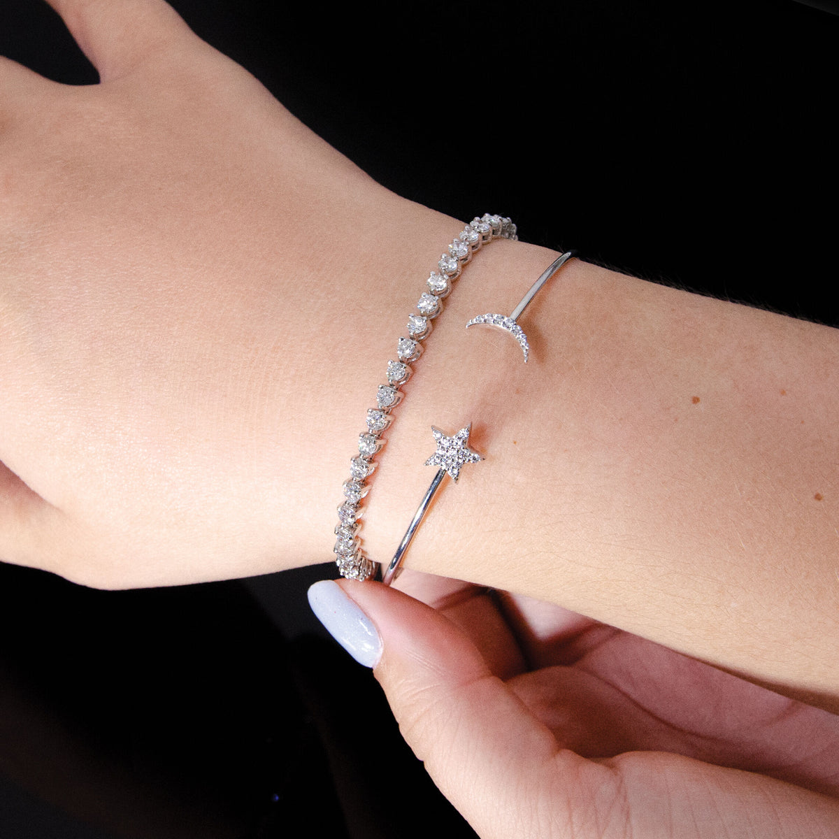 14k White Gold Diamond Moon and Star Flexible Cuff Bangle-BM3713-025-WA