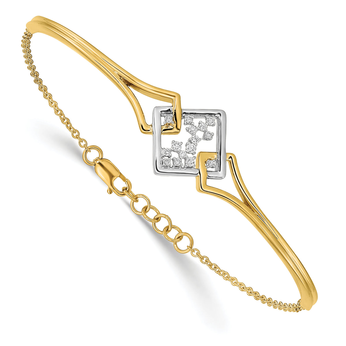 14k Two-tone Fancy Square Diamond Bar 7in w/.5in ext Bracelet-BM6862-012-WYA