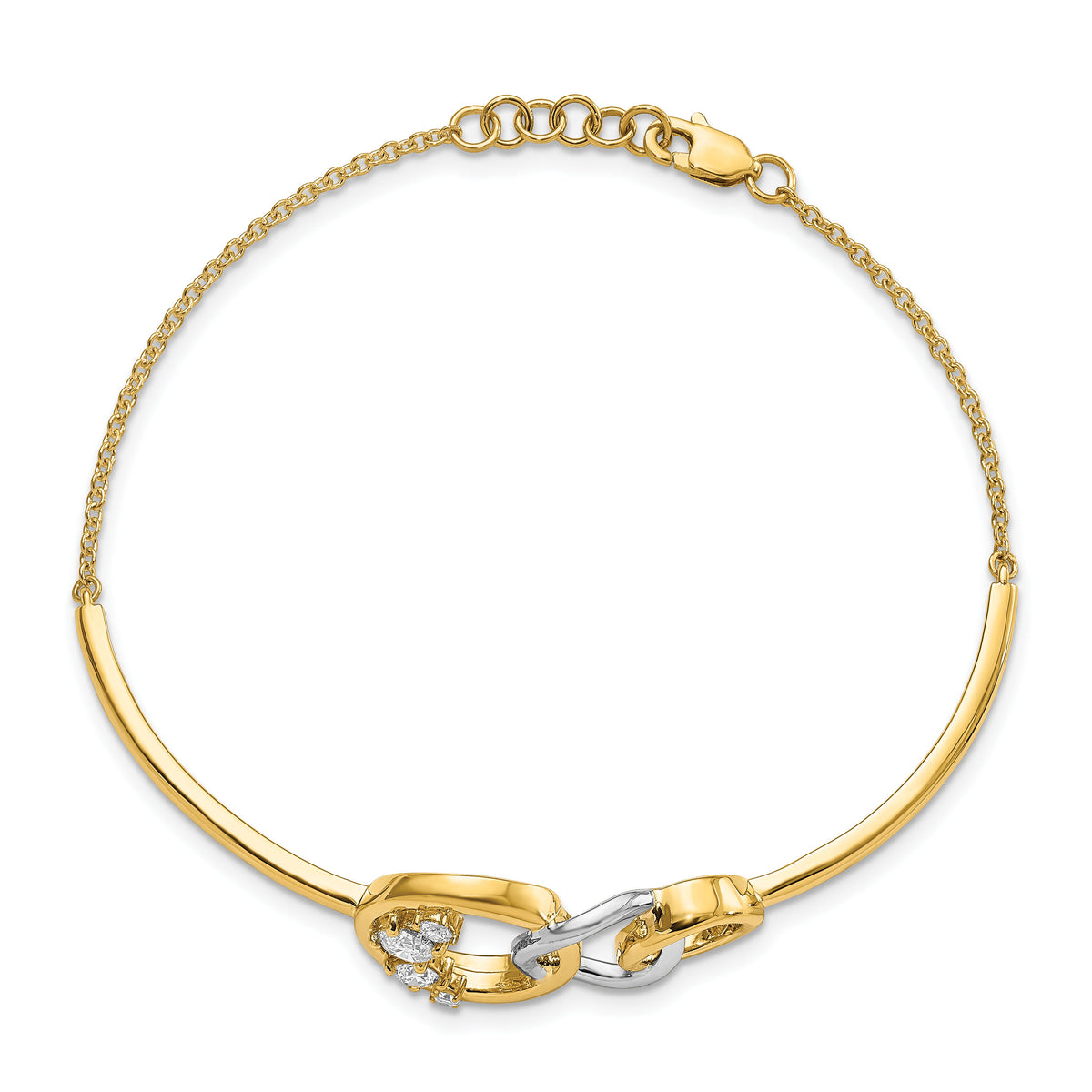 14k Two-tone Polished Diamond Trple Circle Bar 7in w/.5 ext Bracelet-BM6870-050-YWA